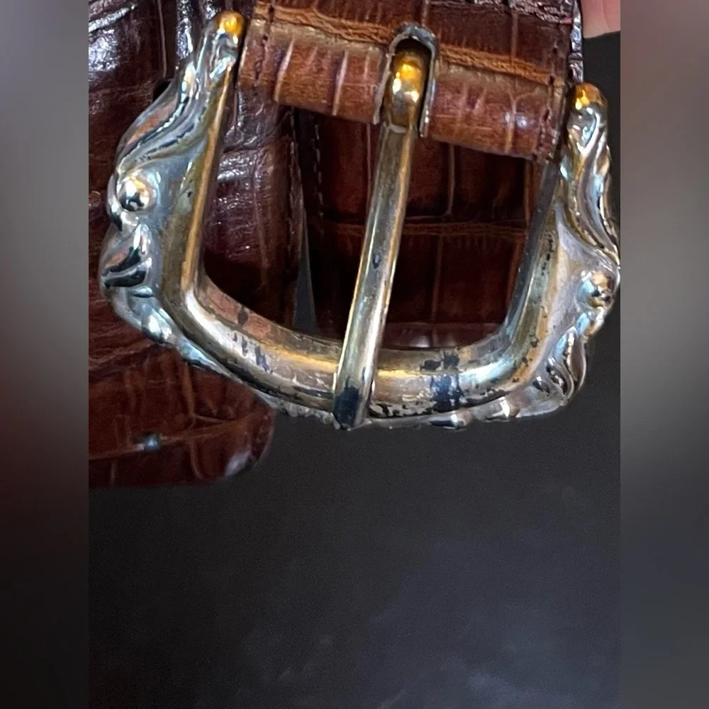 Enmon Vintage Italian Leather Brown & Silver Tone Scroll Concho‎ Moc Croc Belt L